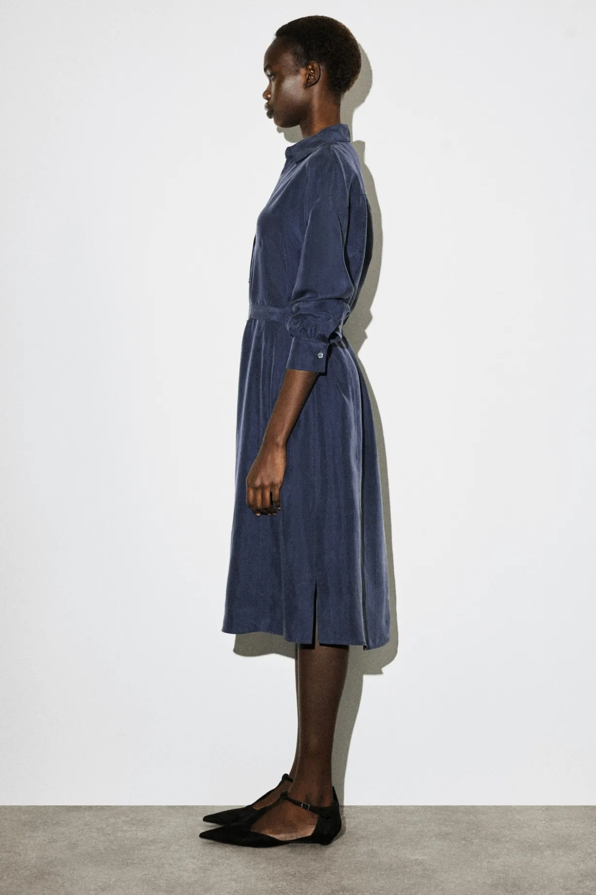 GATHERED CRINKLED-SILK MIDI SHIRT DRESS