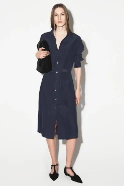 GATHERED CRINKLED-SILK MIDI SHIRT DRESS