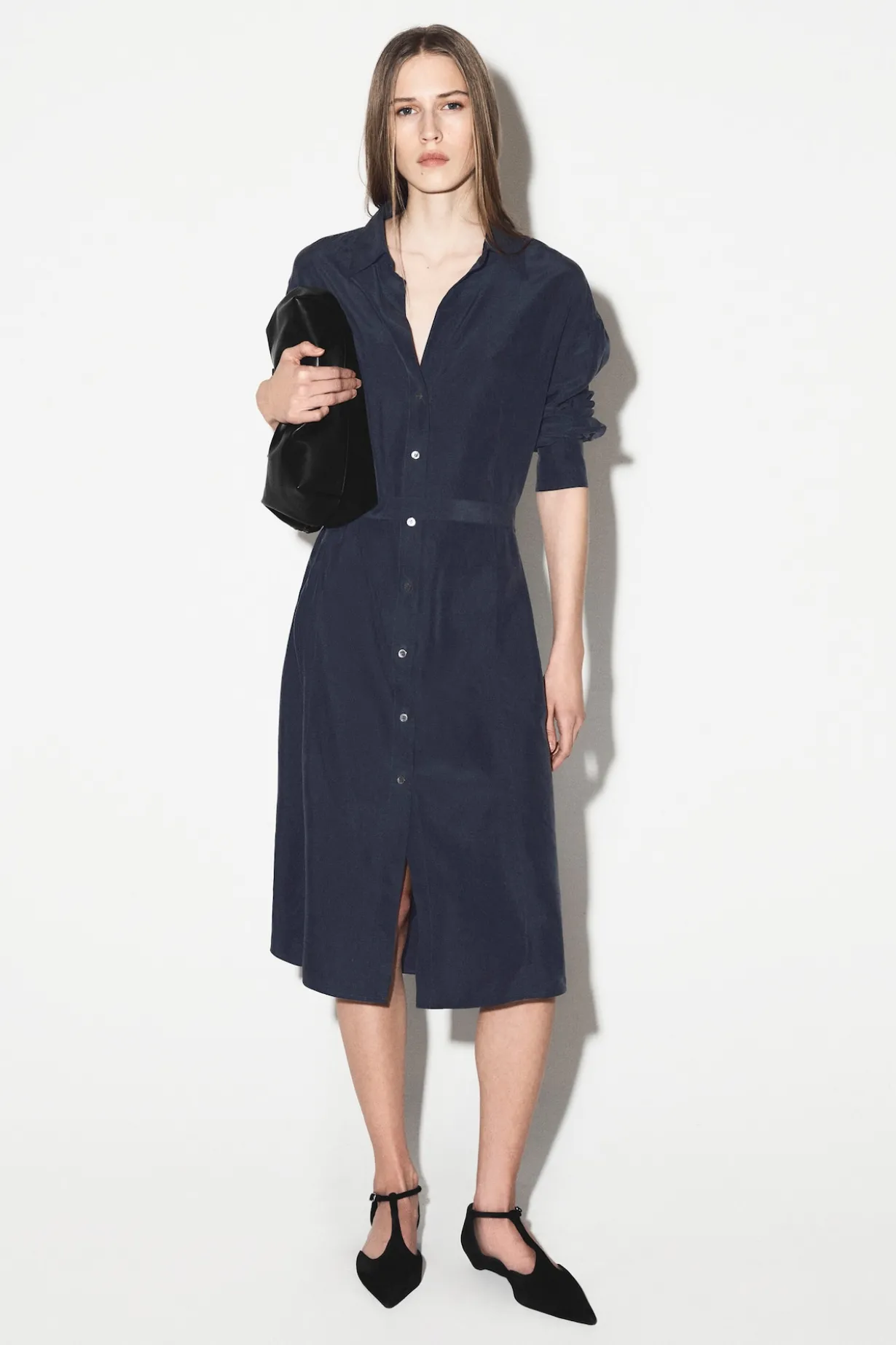 GATHERED CRINKLED-SILK MIDI SHIRT DRESS