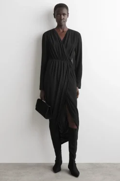 GATHERED MIDI WRAP DRESS