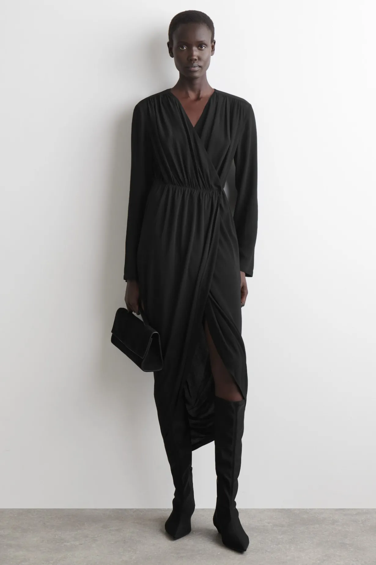 GATHERED MIDI WRAP DRESS