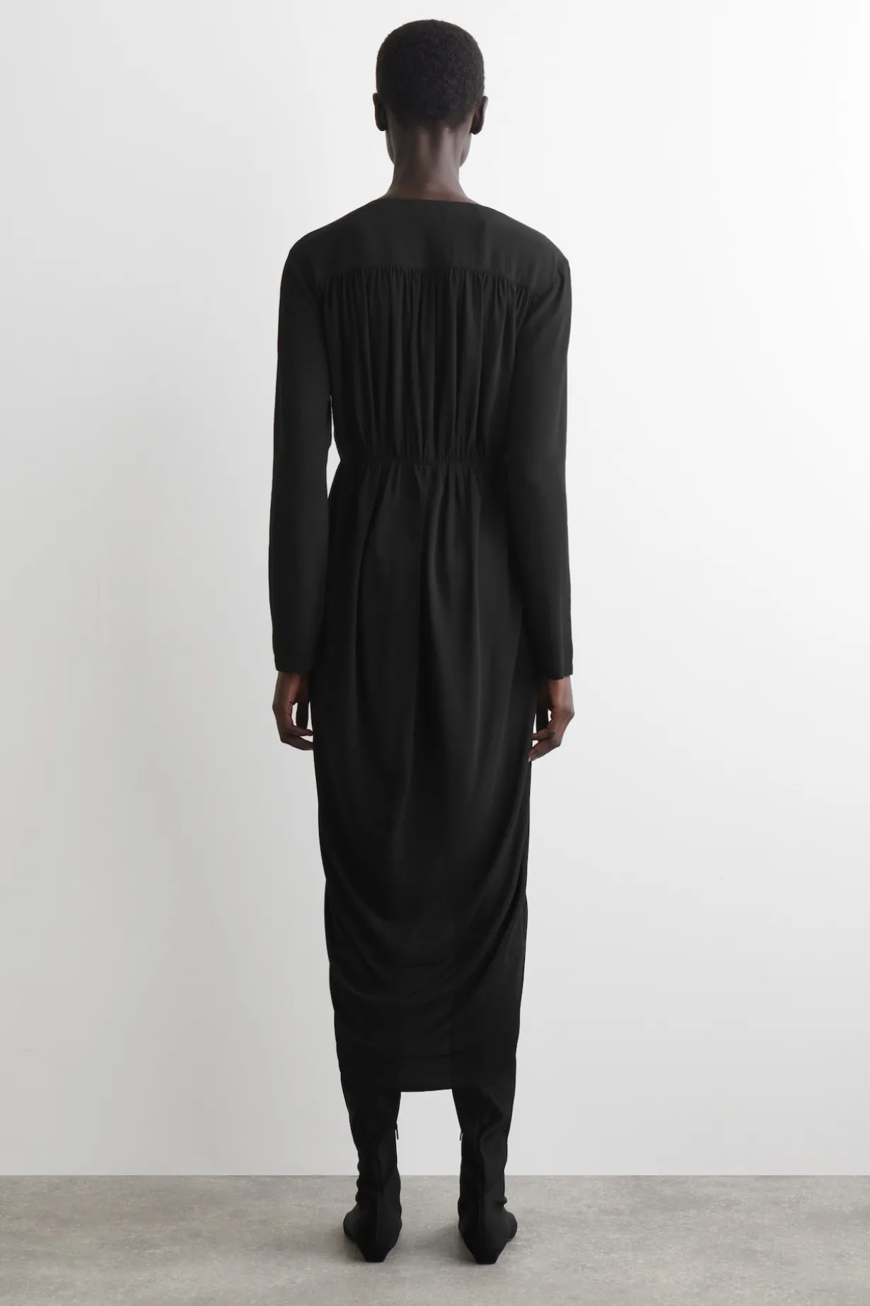 GATHERED MIDI WRAP DRESS
