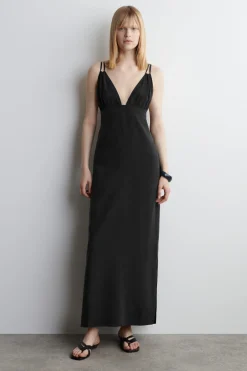 GATHERED V-NECK MAXI DRESS