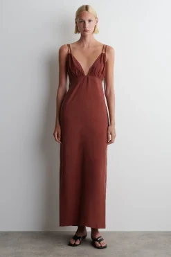 GATHERED V-NECK MAXI DRESS