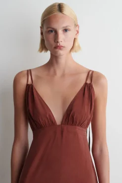 GATHERED V-NECK MAXI DRESS