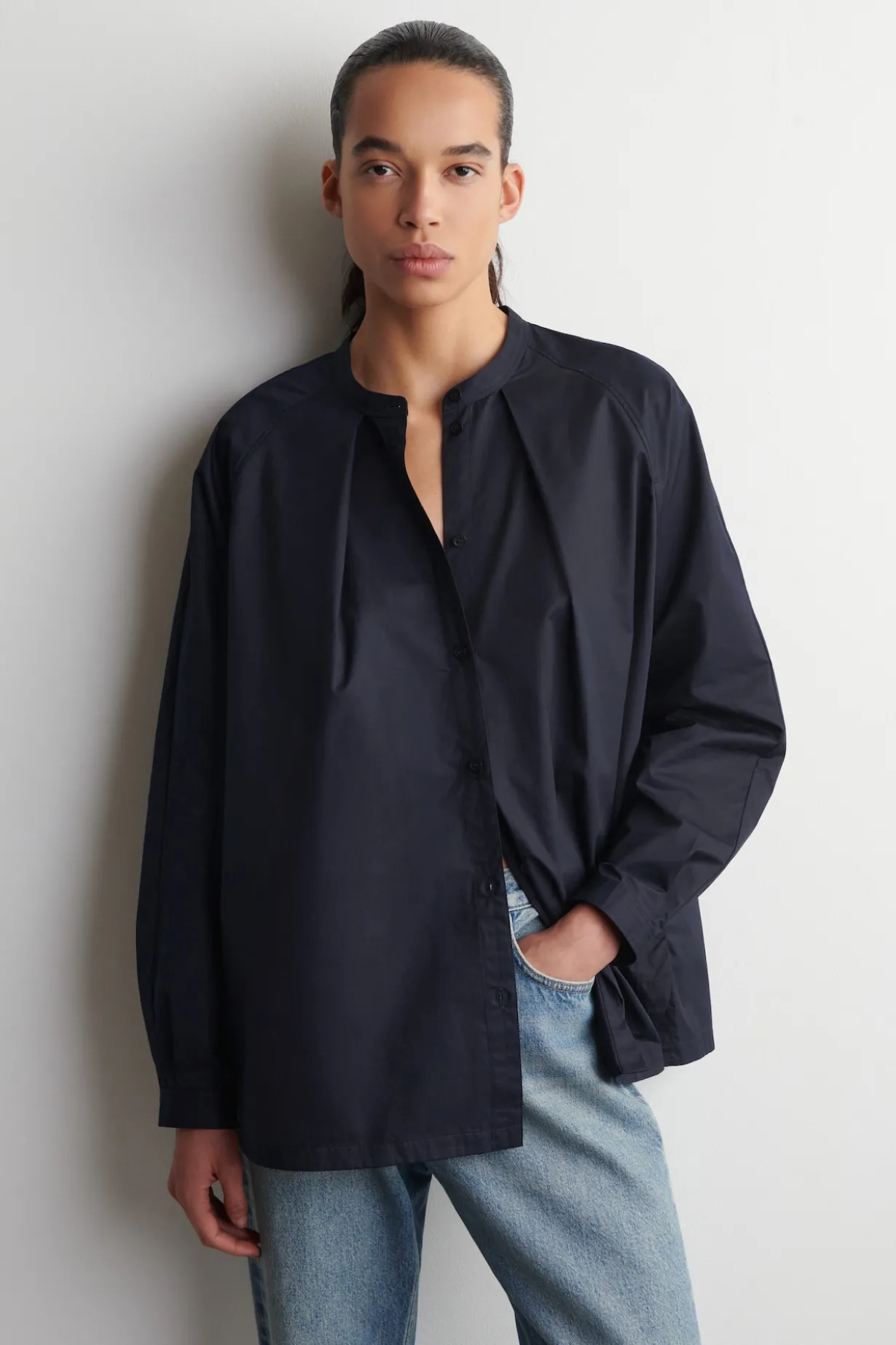GRANDAD-COLLAR COTTON SHIRT