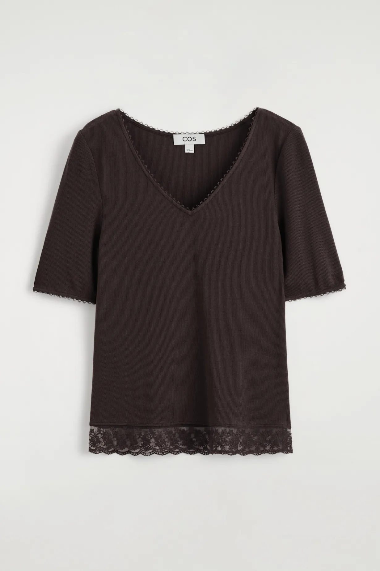 LACE-TRIMMED RIBBED V-NECK T-SHIRT