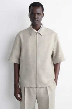 LINEN-WOOL SHORT-SLEEVED ZIP-UP SHIRT