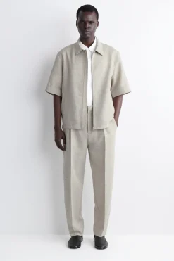 LINEN-WOOL SHORT-SLEEVED ZIP-UP SHIRT