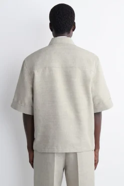 LINEN-WOOL SHORT-SLEEVED ZIP-UP SHIRT