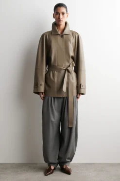 mock-NECK LEATHER SHORT TRENCH COAT