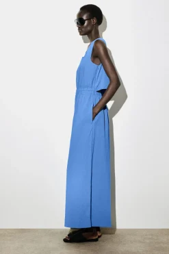 OPEN-BACK SEERSUCKER WIDE-LEG JUMPSUIT