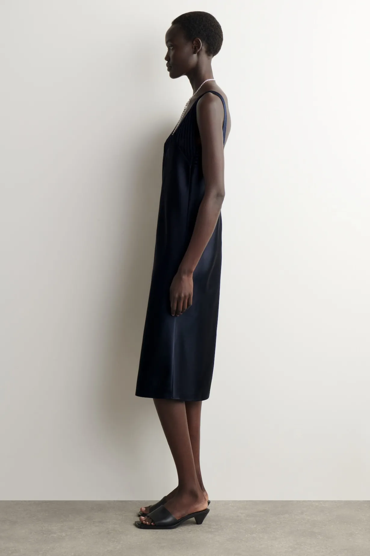 OPEN-STITCH SATIN SLIP DRESS