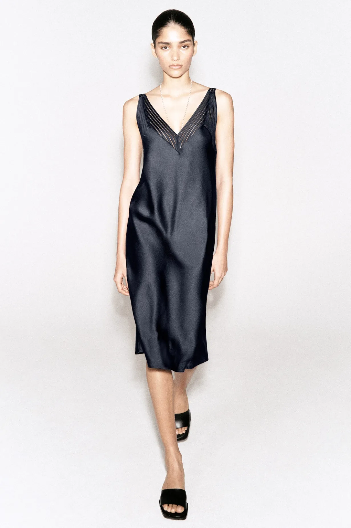 OPEN-STITCH SATIN SLIP DRESS