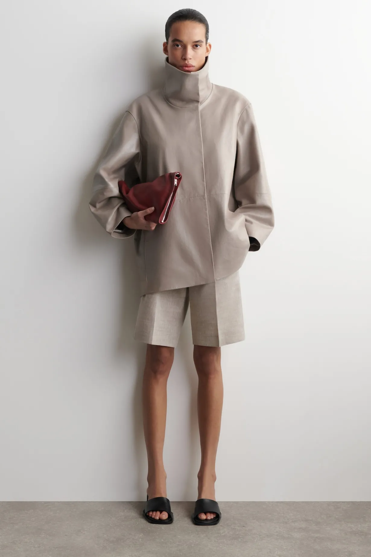 OVERSIZED LEATHER MOCK-NECK BOMBER JACKET
