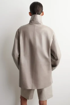 OVERSIZED LEATHER MOCK-NECK BOMBER JACKET