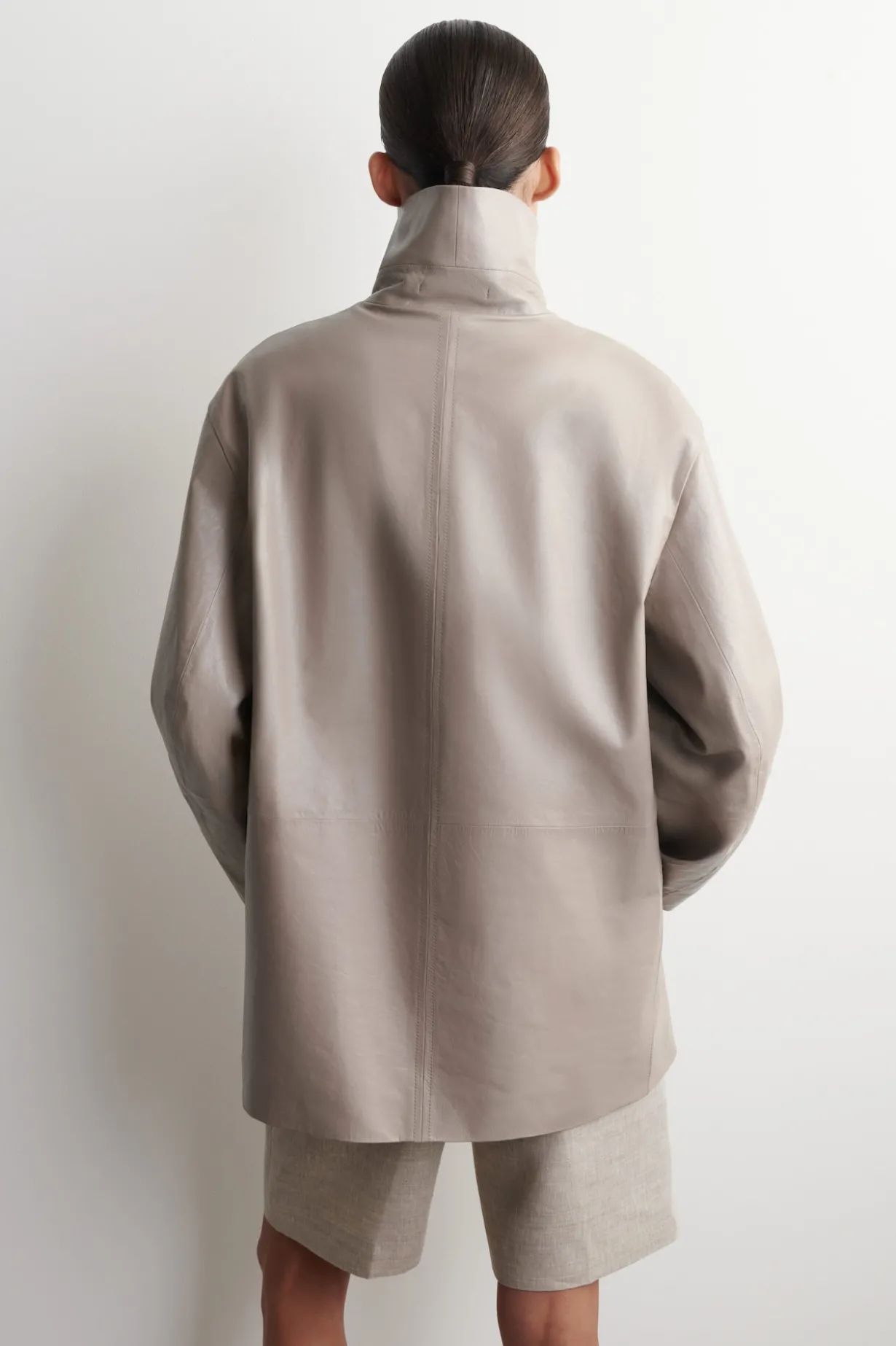OVERSIZED LEATHER MOCK-NECK BOMBER JACKET