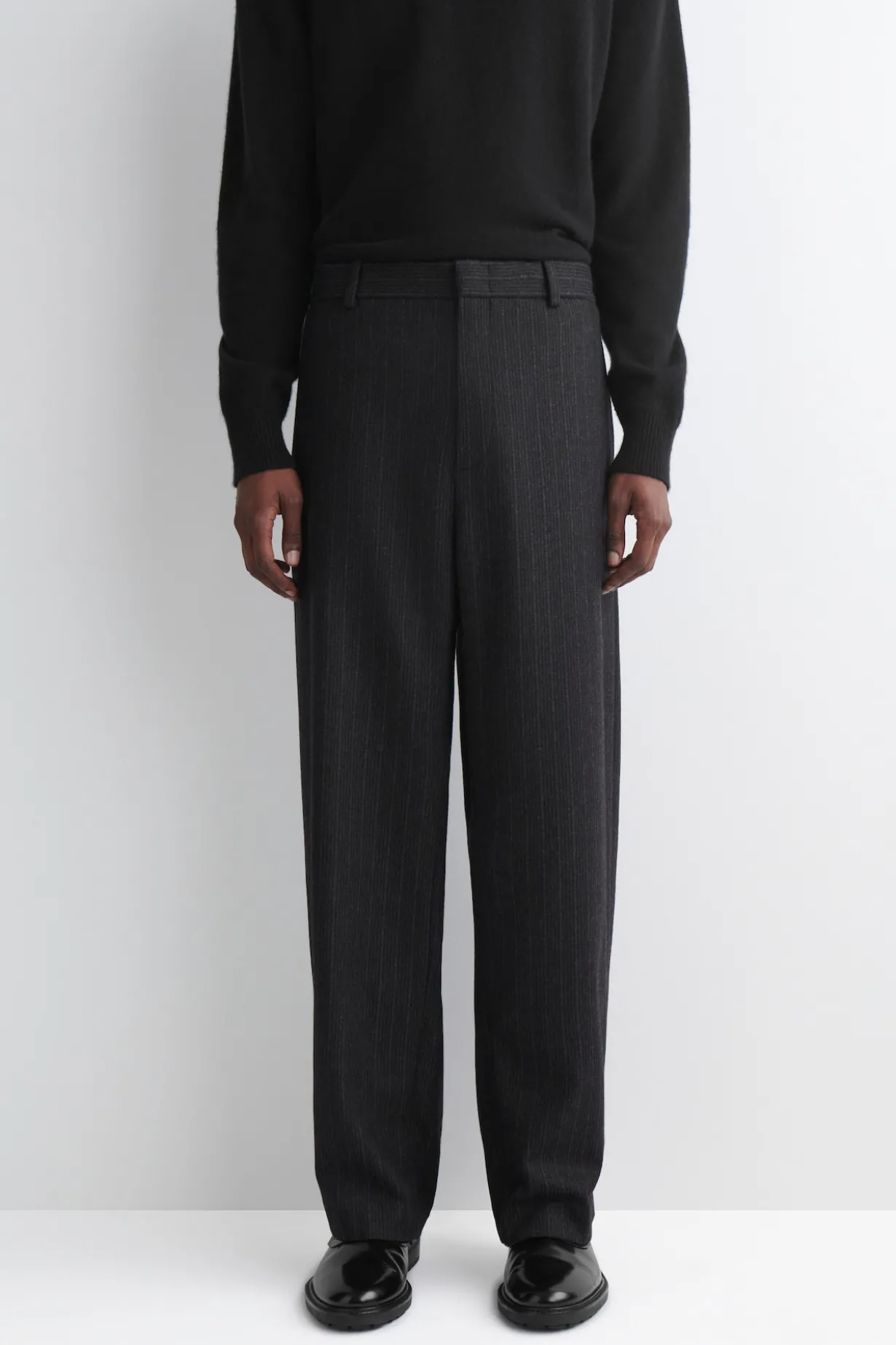 PINSTRIPED WOOL RELAXED-FIT TAPERED PANTS