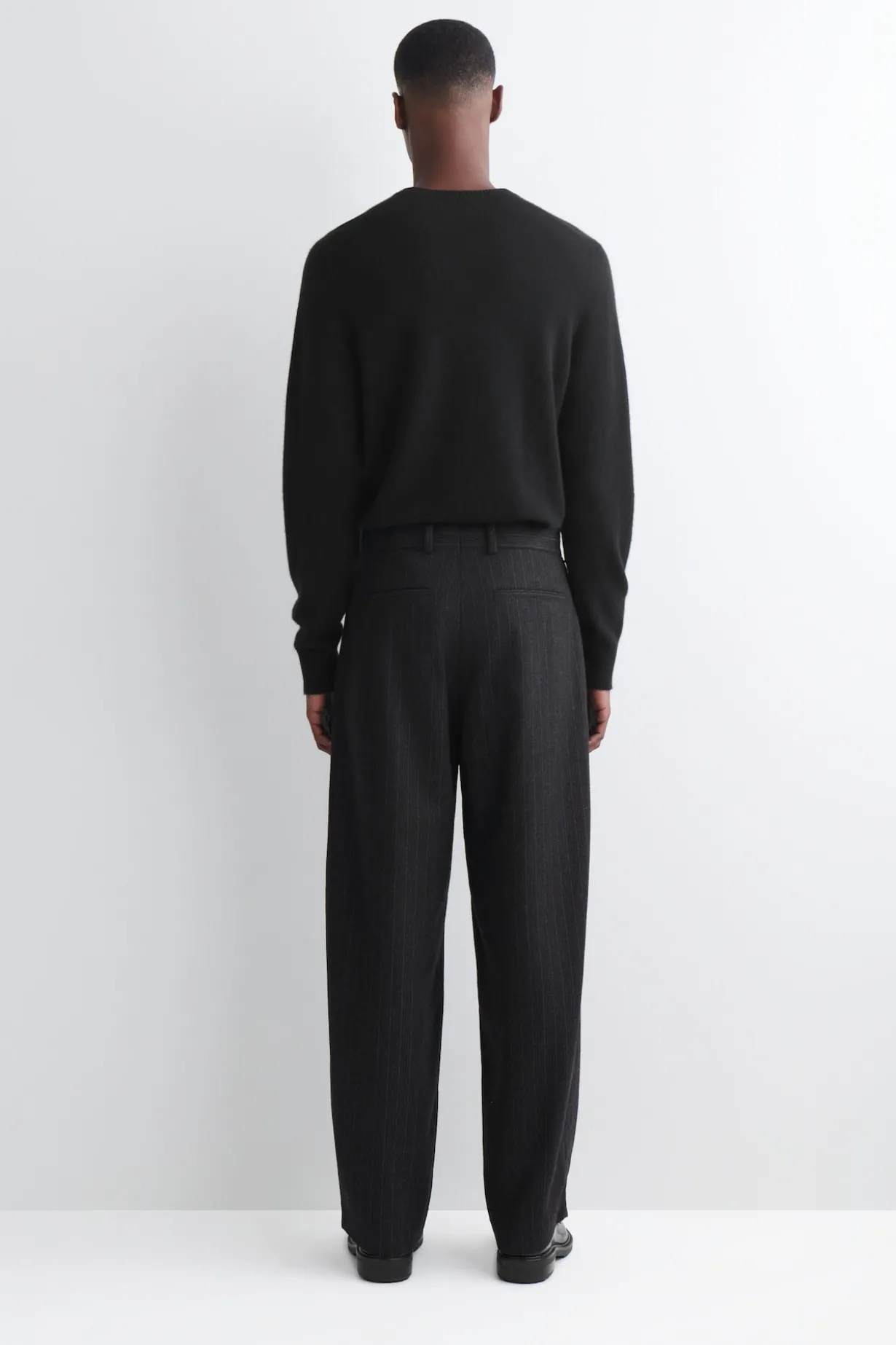 PINSTRIPED WOOL RELAXED-FIT TAPERED PANTS