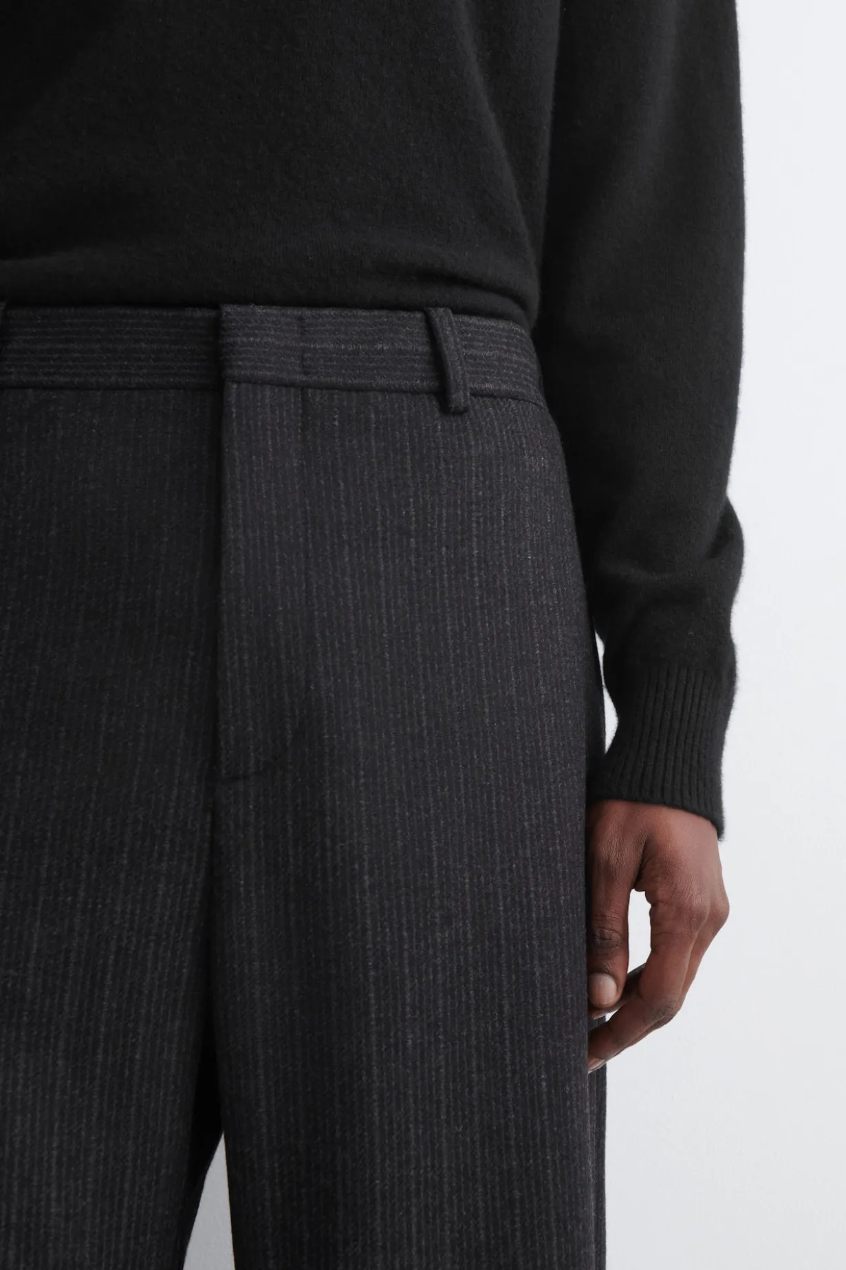PINSTRIPED WOOL RELAXED-FIT TAPERED PANTS