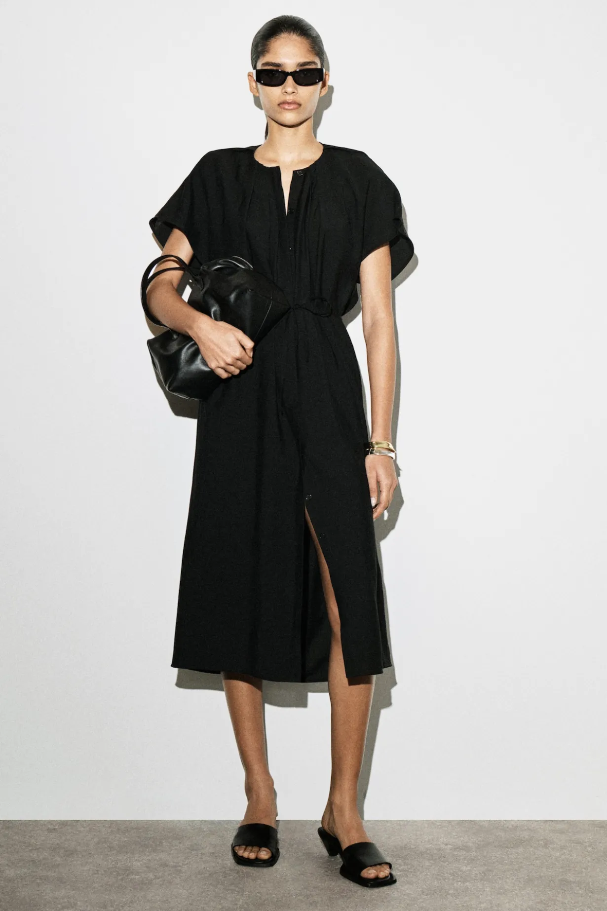 PLEATED BELTED MIDI DRESS