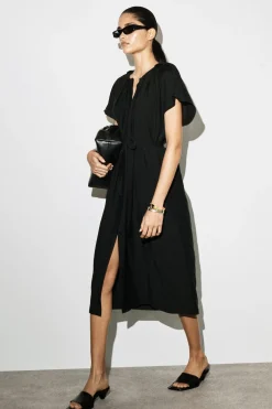 PLEATED BELTED MIDI DRESS