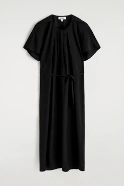 PLEATED BELTED MIDI DRESS