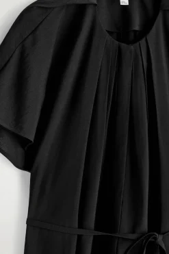 PLEATED BELTED MIDI DRESS