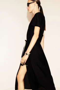 PLEATED BELTED MIDI DRESS