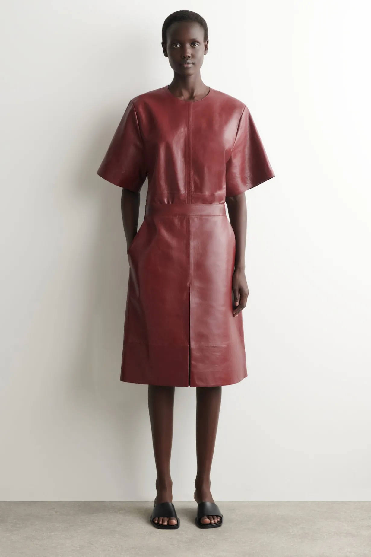 PLEATED TEXTURED-LEATHER MIDI SKIRT