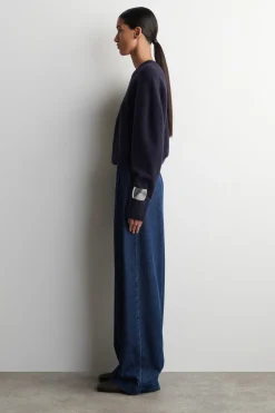 PLEATED WIDE-LEG DENIM PANTS