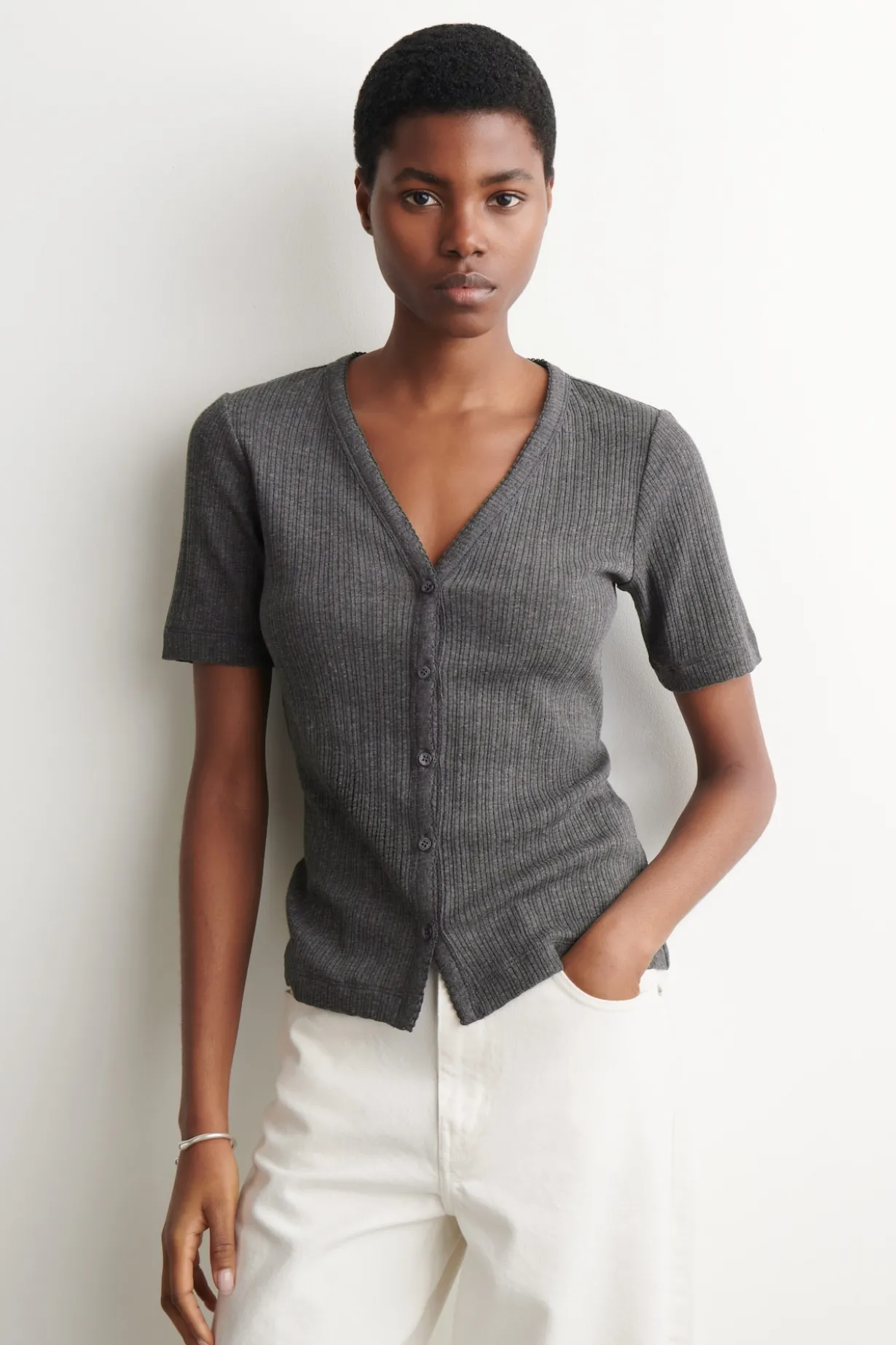 POINTELLE-KNIT SHORT-SLEVED CARDIGAN