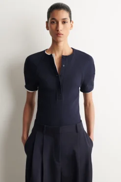 ROUNDED RIBBED JERSEY HENLEY TOP