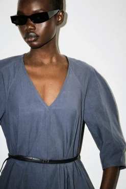 ROUNDED V-NECK COTTON MIDI DRESS