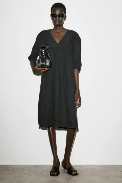 ROUNDED V-NECK COTTON MIDI DRESS