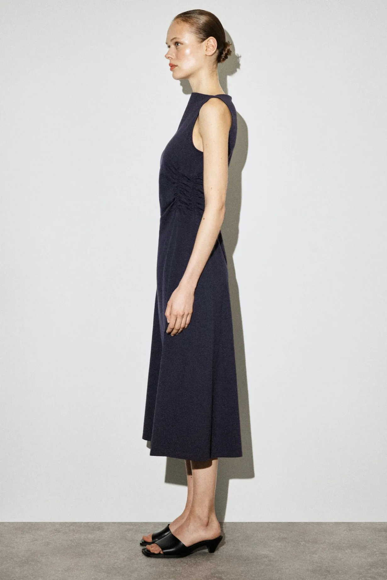 RUCHED-WAIST COTTON-JERSEY MIDI DRESS
