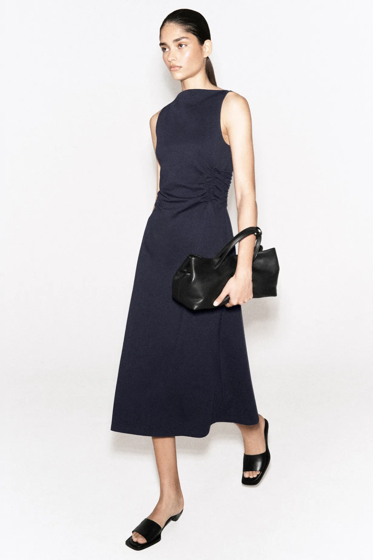 RUCHED-WAIST COTTON-JERSEY MIDI DRESS