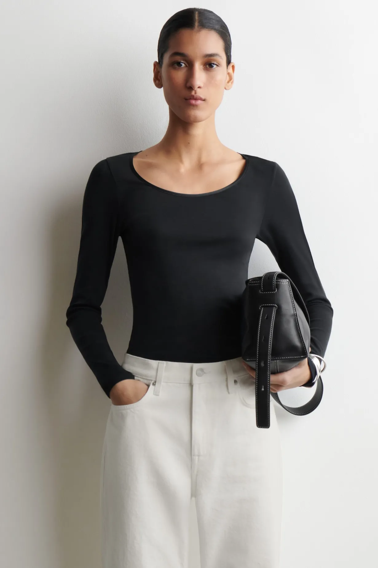 SATIN-TRIMMED COTTON JERSEY LONG-SLEEVED TOP