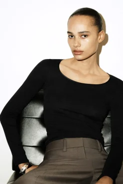 SATIN-TRIMMED COTTON JERSEY LONG-SLEEVED TOP