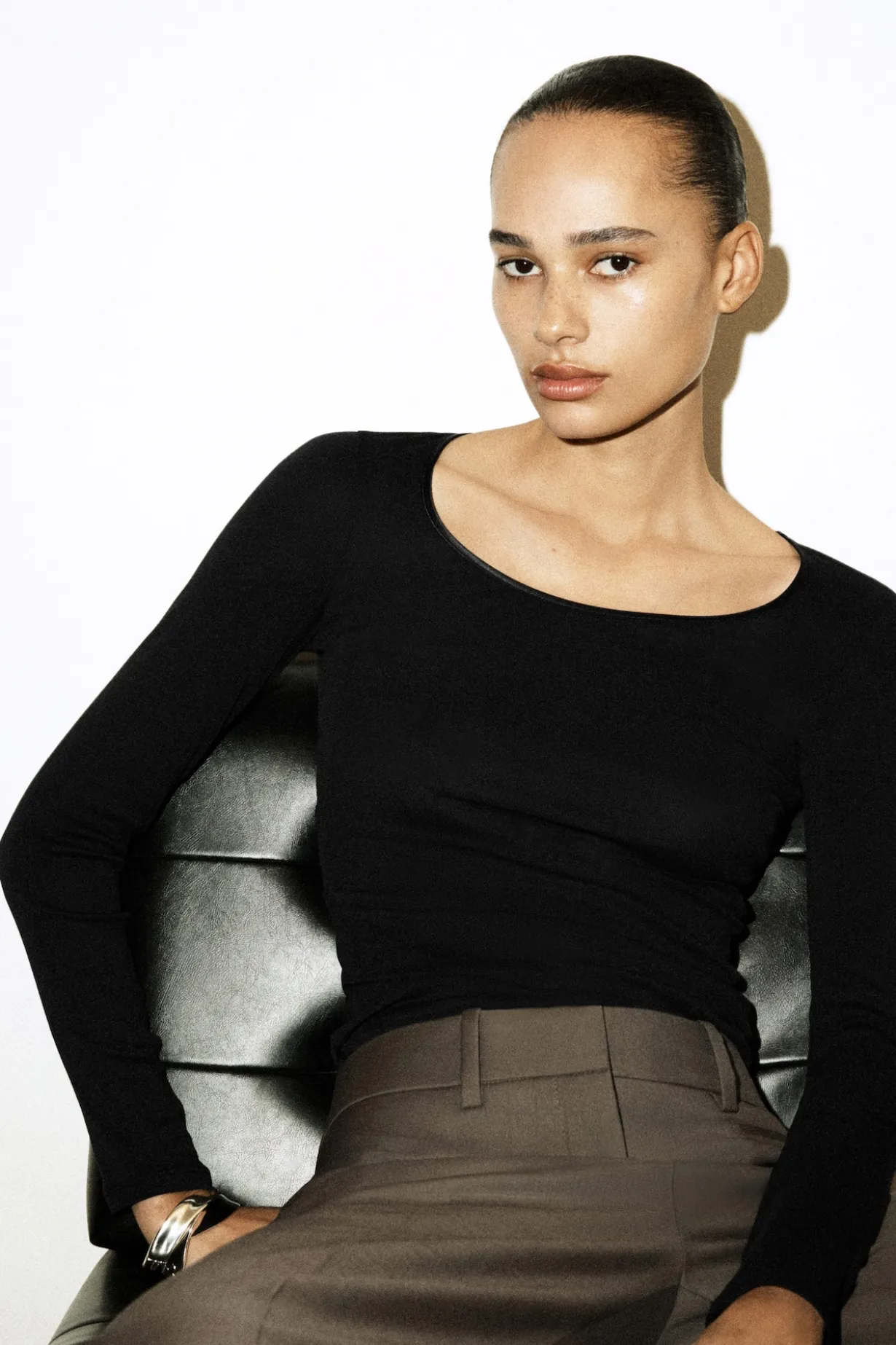 SATIN-TRIMMED COTTON JERSEY LONG-SLEEVED TOP