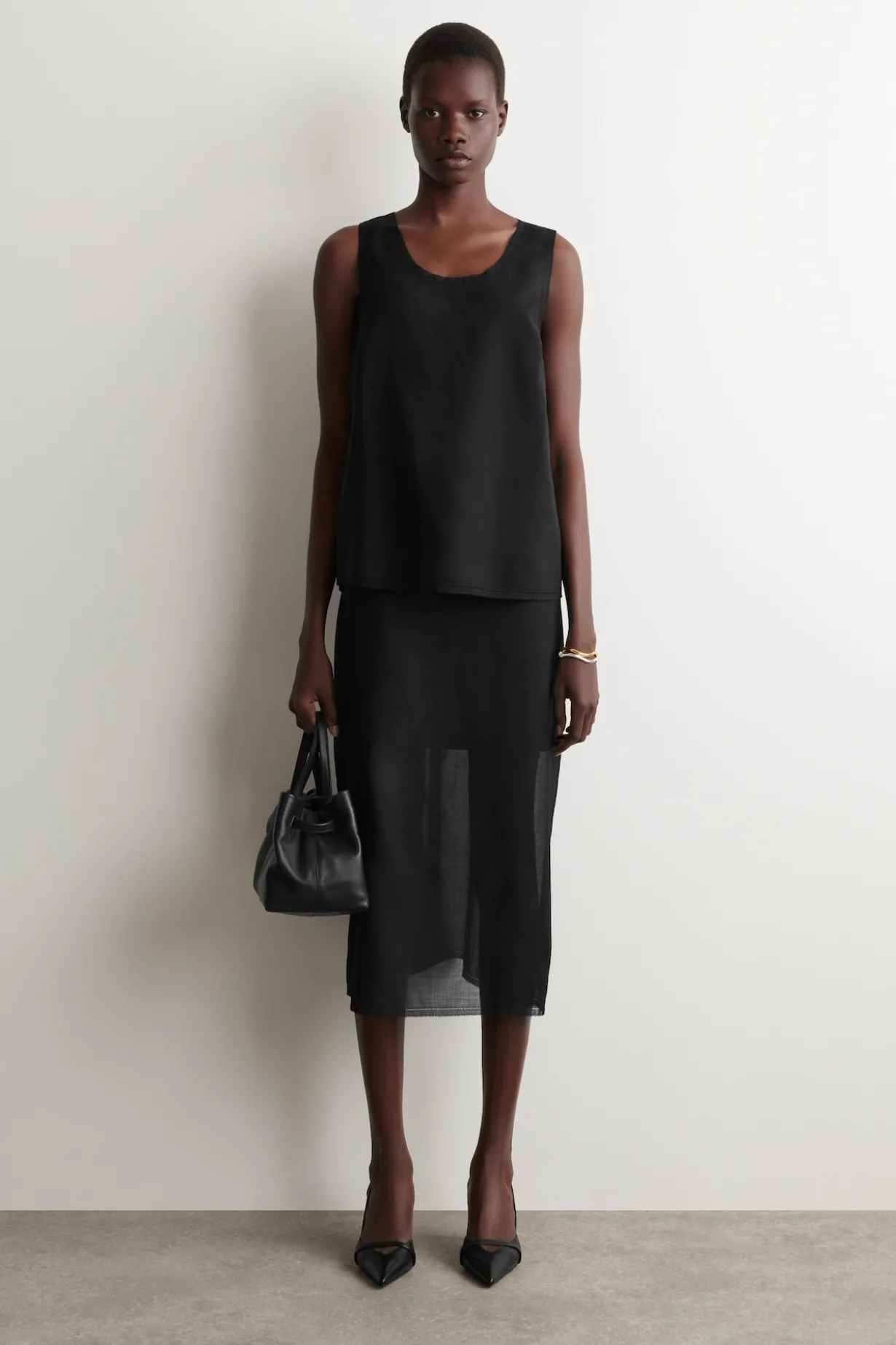 SEMI-SHEER LAYERED WOOL MIDI SKIRT