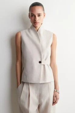 SHAWL-COLLAR BELTED LINEN VEST
