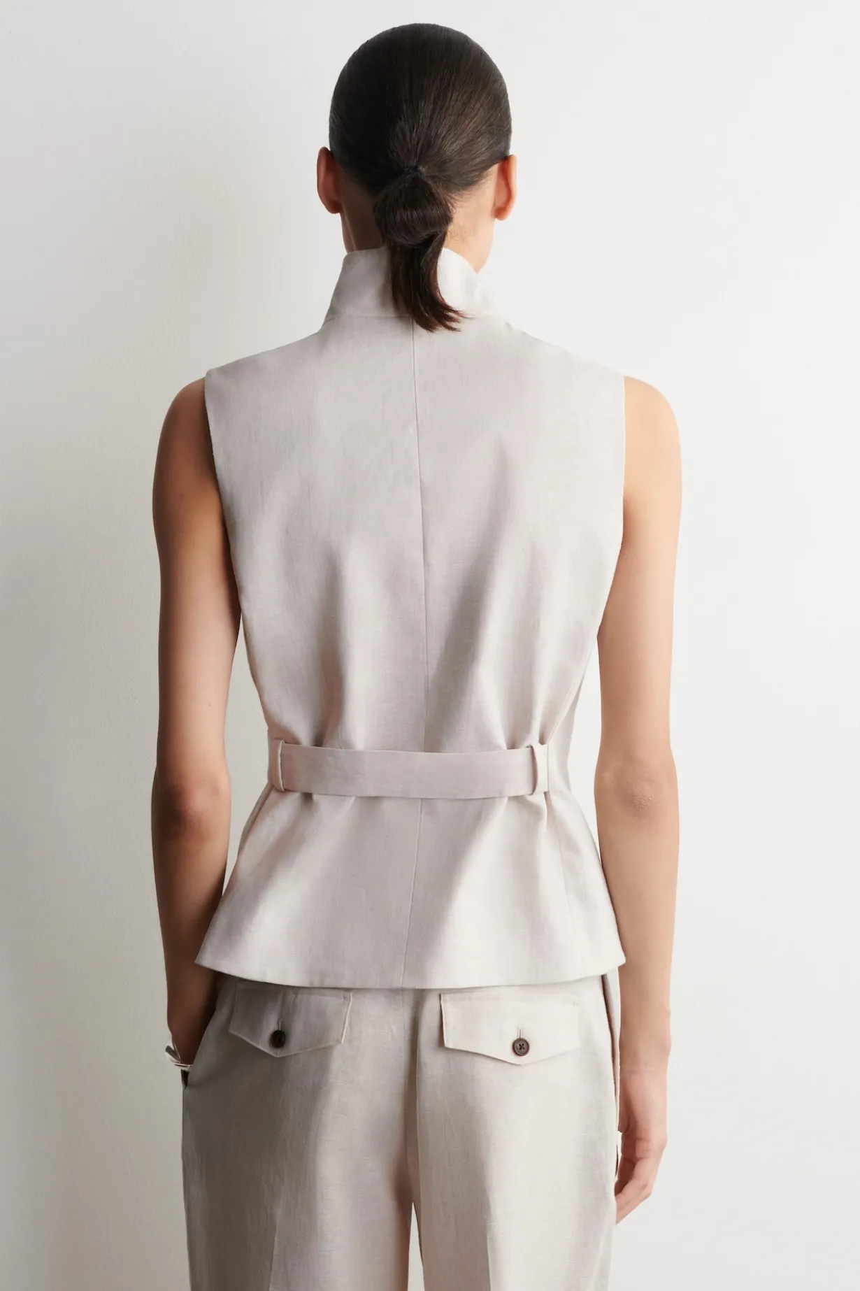 SHAWL-COLLAR BELTED LINEN VEST