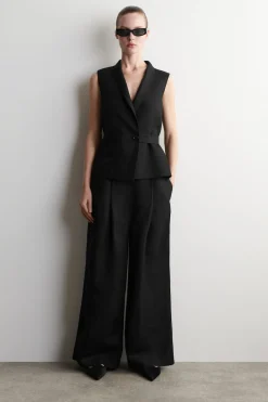 SHAWL-COLLAR BELTED LINEN-BLEND VEST