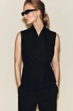SHAWL-COLLAR BELTED LINEN-BLEND VEST