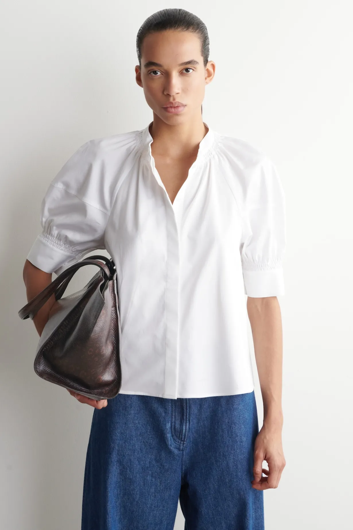 SMOCKED PUFF-SLEEVE BLOUSE