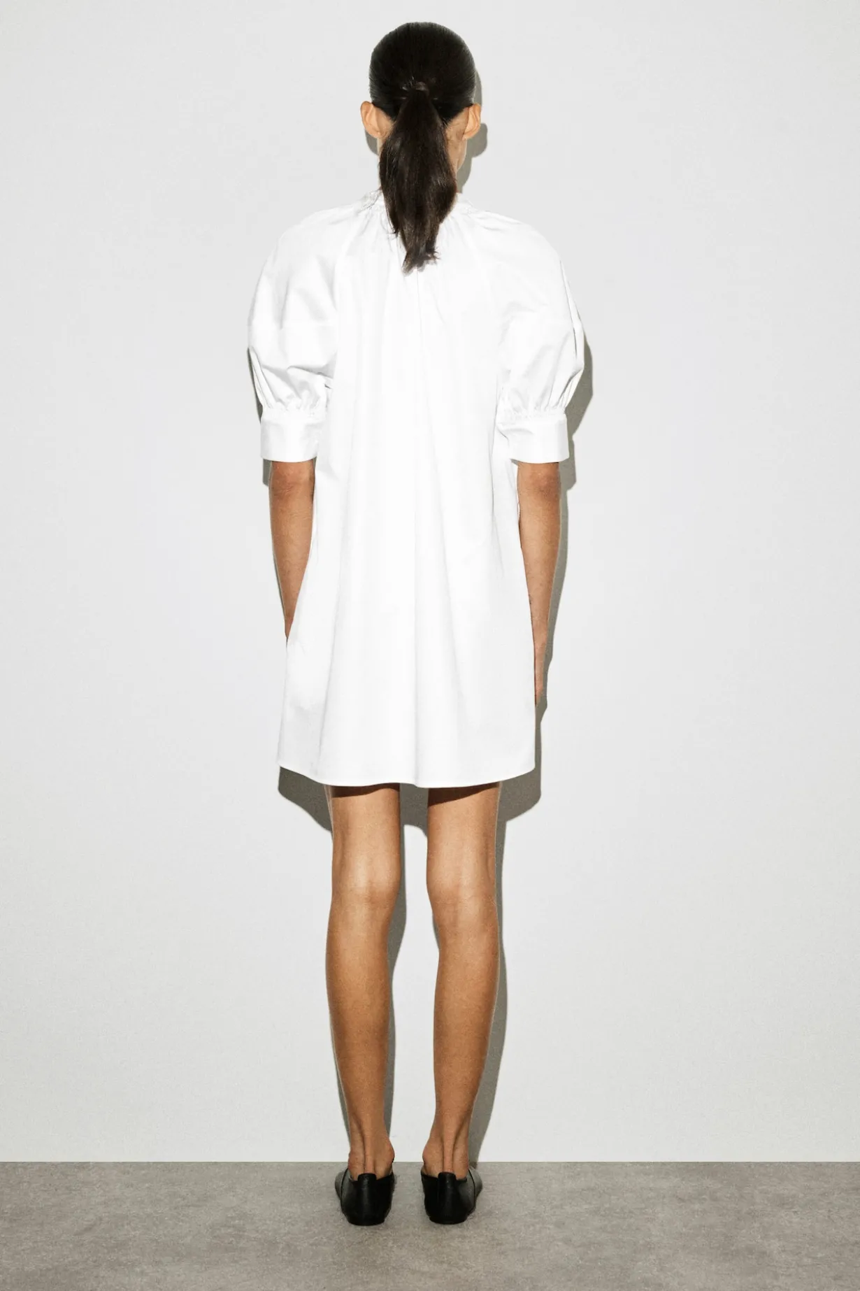SMOCKED PUFF-SLEEVE SHIRT DRESS