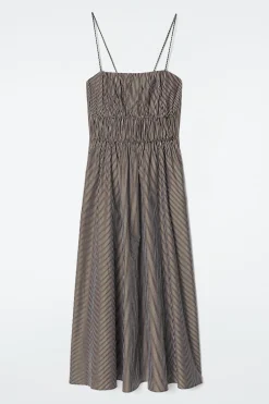STRIPED GATHERED WAIST MIDI DRESS