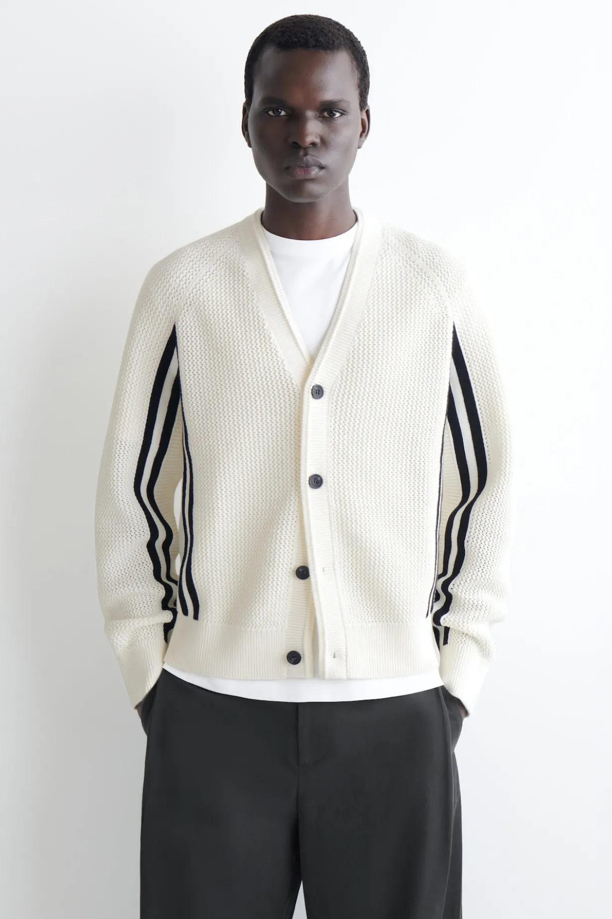 STRIPED OPEN-KNIT COTTON CARDIGAN
