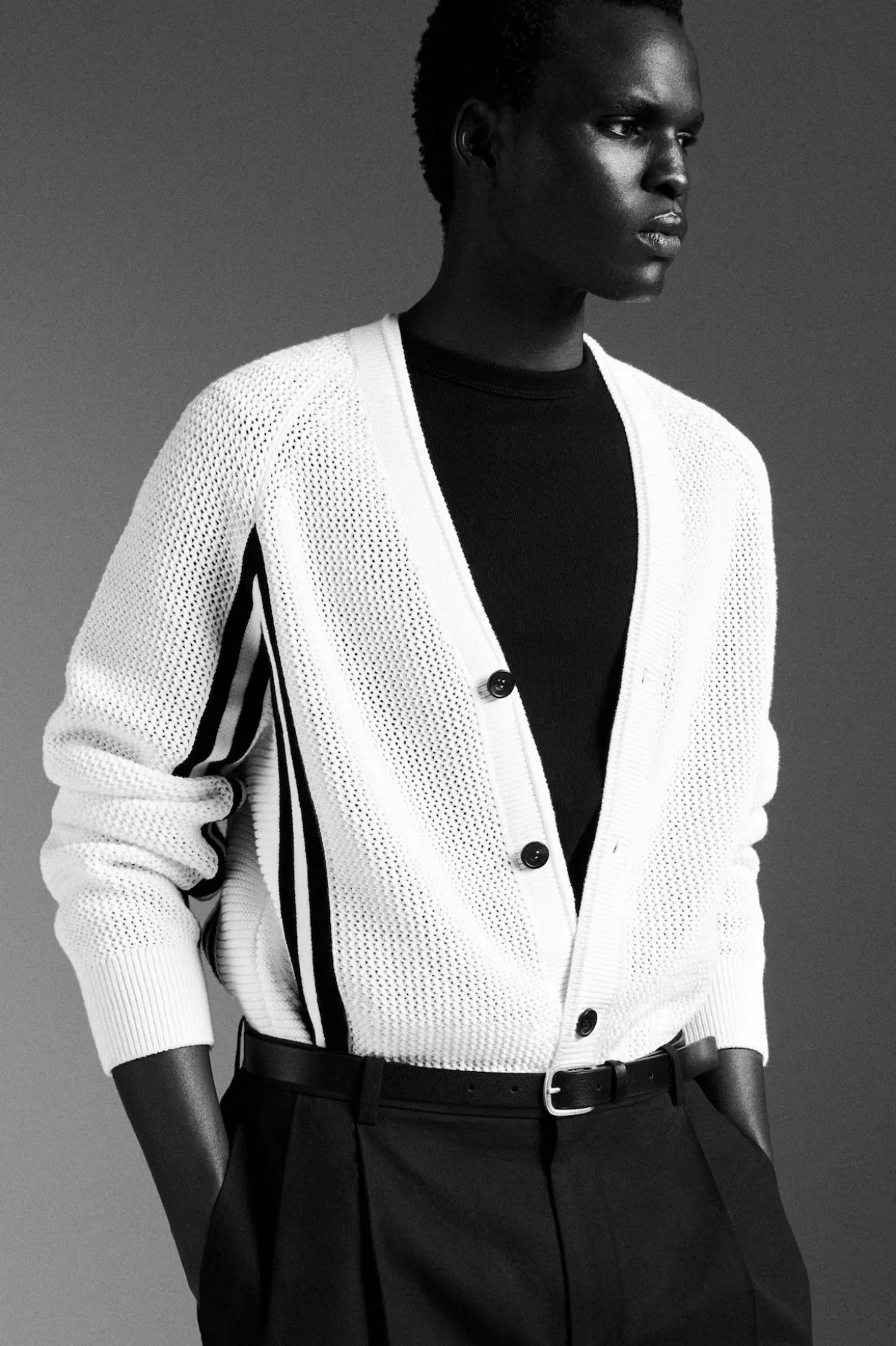 STRIPED OPEN-KNIT COTTON CARDIGAN